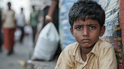Obraz premium A young beggar sits on the sidewalk