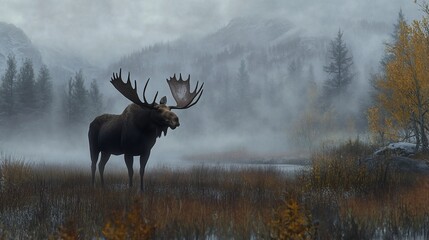 Naklejka premium A majestic moose stands in a misty forest clearing, its antlers reaching towards the sky. The air is thick with fog, creating a sense of mystery and tranquility.