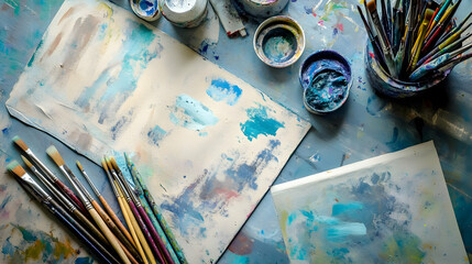 Fototapeta premium An overhead view of an artist's workspace with paintbrushes, paints, and canvases.