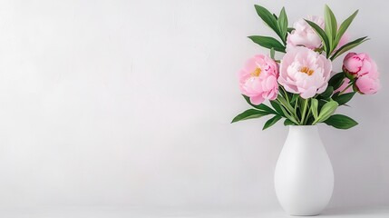 Fototapeta premium Elegant white vase with blush peonies, soft and delicate, isolated on a light backdrop