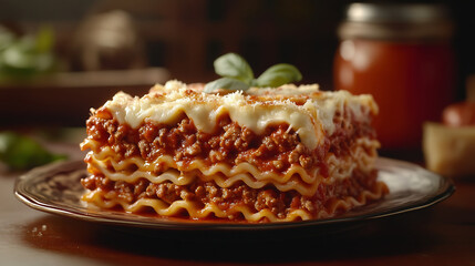 A mouthwatering photo of lasagna, with layers of pasta and meat sauce, cheese on top, and garnished elegantly placed in the center of an elegant plate. The background is softly blurred to highlight it