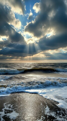 Obraz premium Dramatic sunrise over the ocean with rays of light shining through the clouds.