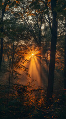 Obraz premium Golden sunlight rays peek through dense forest trees and fog at sunrise.