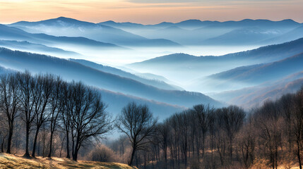 Obraz premium Misty mountain landscape at sunrise with trees in the foreground.