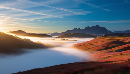 Obraz premium A Misty Sunrise Over Rolling Hills and a Mountain Range