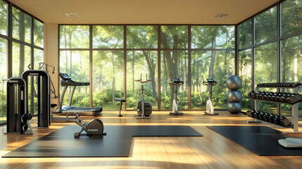 Fototapeta premium Modern home gym with large windows overlooking a lush green forest.