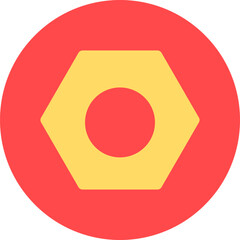 Gold hex nut on red round sticker background icon. Ideal fastener for joining parts element. Simple flat vector isolated on white background
