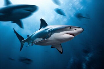 Obraz premium Shark in the Deep Blue: A majestic great white shark glides through the ocean depths, its presence commanding respect and awe.
