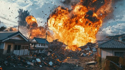 巨大地震による日本家屋の倒壊