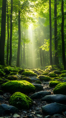 Fototapeta premium Sunlight beams through the trees of a lush forest, illuminating a path of moss-covered rocks.