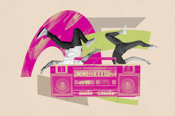 Collage picture legs body fragments headless disco party boombox portable cassette player...