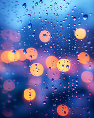 Naklejka premium Illustration of raindrops on a window with a blurred background, soft blue tones, minimalistic design, calm and serene atmosphere.