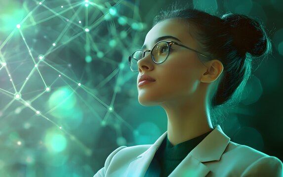 woman looking at a board and thinking, conceptual scene of problem solving, decision making, learning, brainstorming, and analytical thinking in an educational setting