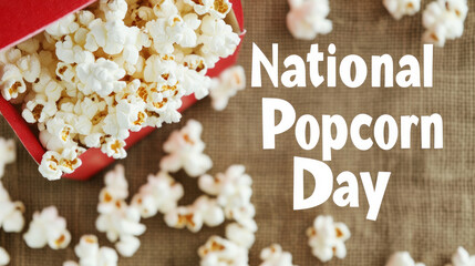 Text "National Popcorn Day" on top, with popcorn in the background. The design is minimalistic and simple. 