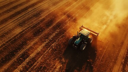 A tractor pulling a cultivator across a field, breaking up the soil to prepare it for planting