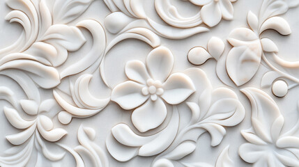 Intricate floral relief pattern with white 3D flower and leaf designs on a textured surface, creating an elegant decorative art piece.
