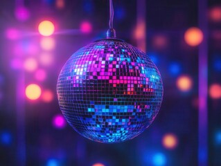 Fototapeta premium disco ball emitting neon effects in a vibrant nightclub setting; retro-inspired illustration capturing the energetic atmosphere and lively spirit of a disco party, complete with colorful lights