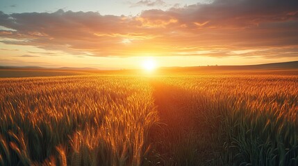 A glowing sunset illuminates a green field