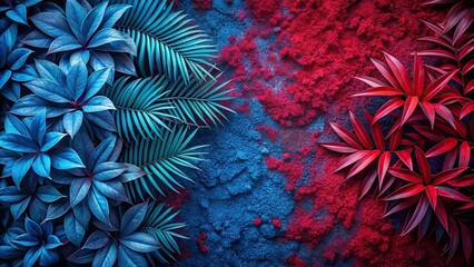 Abstract red and blue plant themed organic texture background from high angle