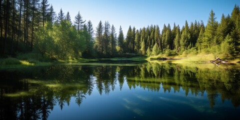 Obraz premium Serene forest lake reflecting trees under clear blue sky background