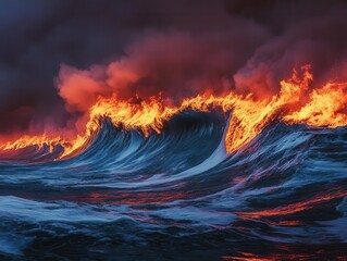 dramatic scene of a fiery ocean with flames erupting from the water, contrasted by a colossal blue wave poised to extinguish the blaze, creating a surreal juxtaposition of elements