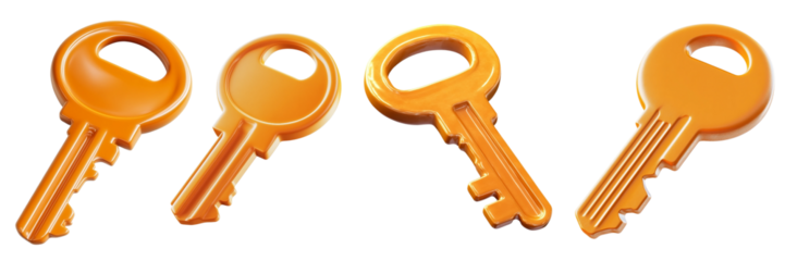 set of a 3D orange cartoon keys isolated on a transparent background, PNG file