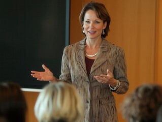 dynamic image of a woman leading a presentation, her confident posture and expressive gestures engaging an attentive audience of women in a corporate setting. professionalism and empowerment radiate