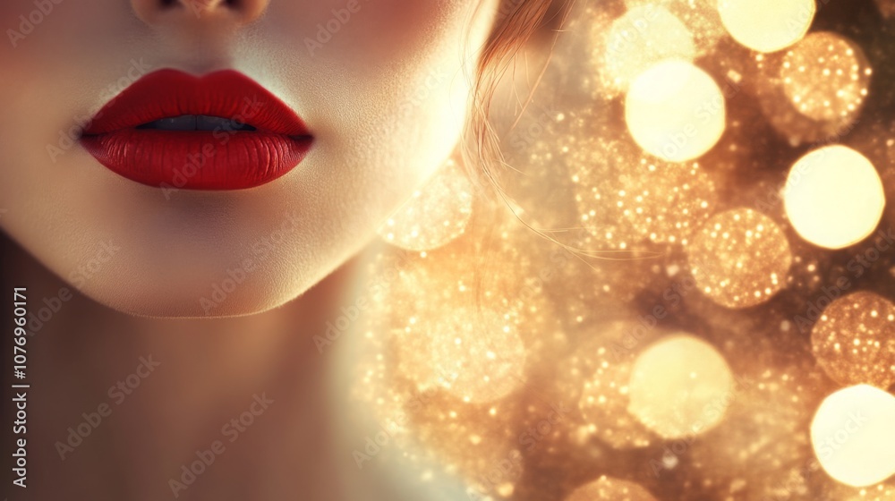 Poster Luscious red lips are highlighted in this close-up, surrounded by a soft blur of warm bokeh lights, creating a luxurious and enchanting atmosphere perfect for evening elegance.