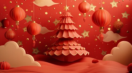 Festive red and gold holiday background featuring a stylized Christmas tree and hanging lanterns amid stars and clouds.
