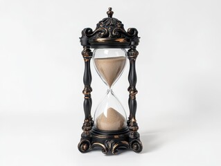elegant hourglass with fine sand cascading slowly, isolated against a pristine white backdrop, symbolizing the passage of time and life's fleeting moments