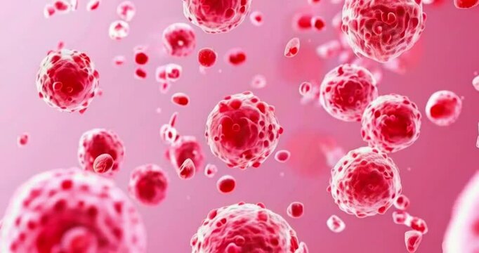 A high-resolution close-up of human blood cells against a soft pink backdrop, featuring biconcave red blood cells and various surrounding cellular components for medical health education.