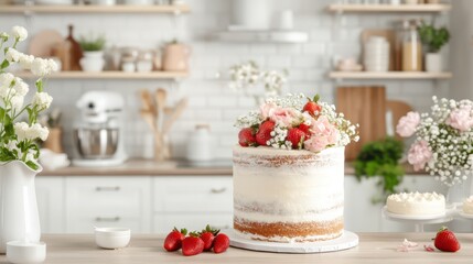 Naklejka premium A beautiful wedding cake decorated with fresh roses, strawberries, and greenery, creating a romantic and elegant dessert for weddings.