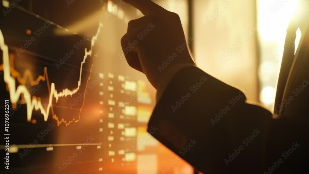 Poster businessman in a suit is pointing at a digital screen displaying financial charts, analyzing market 