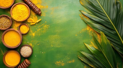 A vibrant arrangement of spices in bowls, highlighting culinary ingredients and natural elements. Tamil Thai Pongal Day