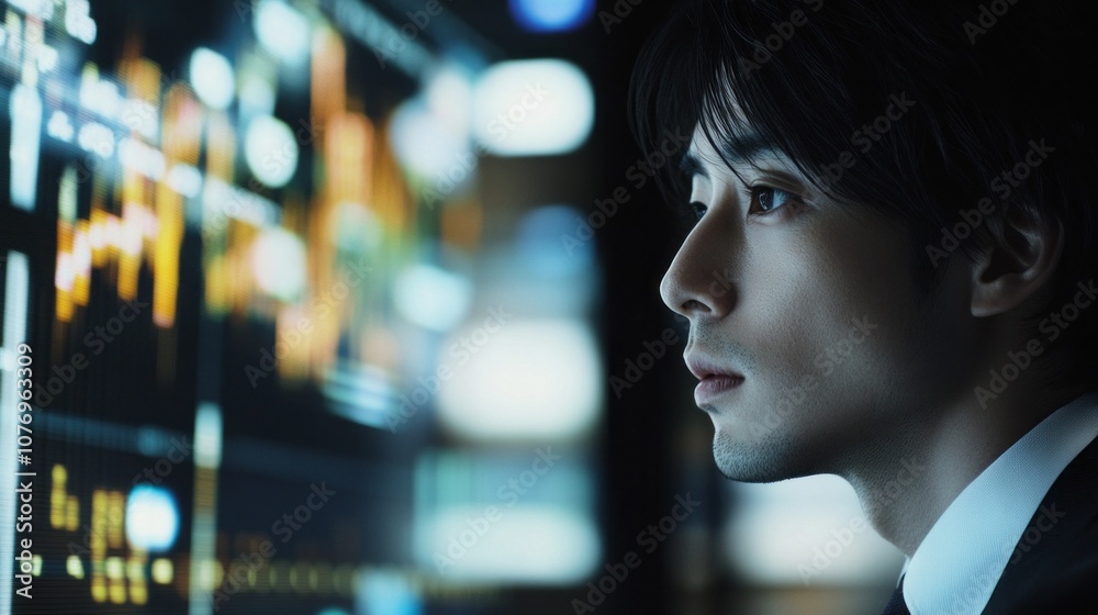 Poster A man is looking at a computer screen with a lot of numbers and graphs