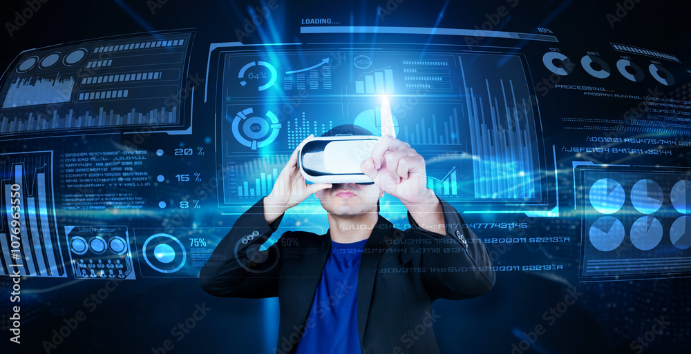 Poster smart business man with goggles working while using ai technology. manager accessing at global netwo