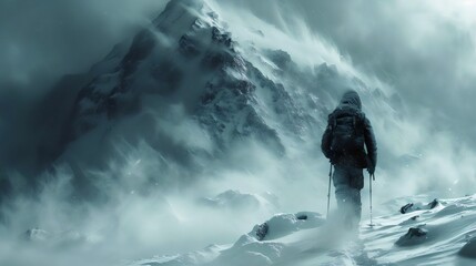 Obraz premium A man is walking on a snowy mountain with a backpack