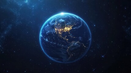 Fototapeta premium A stunning view of Earth from space, showcasing illuminated continents against a starry backdrop.
