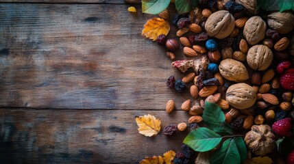 Fototapeta premium Walnuts, almonds, hazelnuts, blueberries, raspberries, and dried cranberries on a wooden surface