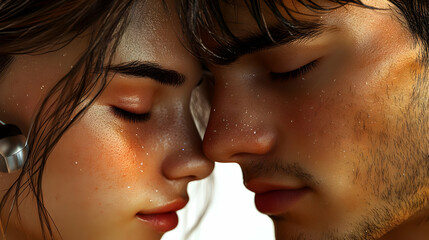 Obraz premium 3D Close Up Young Couple Sharing High Tech Wireless Earbuds Listening Music Macro Shot Futuristic Design Focus Ears Shared Experience Joy Innovation White Background