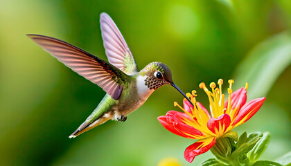 Fototapeta premium Hummingbird delicately pollinates vibrant flower in lush natural habitat