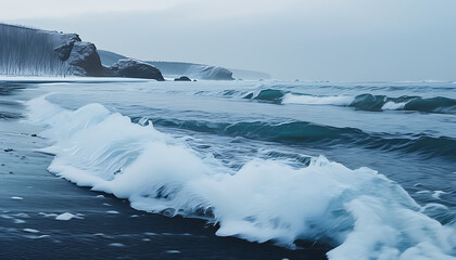 Frothy ocean waves crash on serene, icy beach landscape