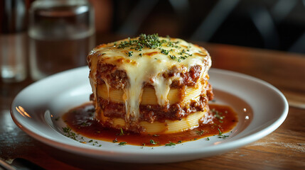 A mouthwatering photograph of lasagna, perfectly stacked and centered on the plate with layers of fresh pasta noodles filled with a rich meat sauce and melted cheese, garnished elegantly with herbs fo