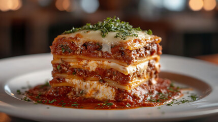 A mouthwatering photograph of lasagna, perfectly stacked and centered on the plate with layers of fresh pasta noodles filled with a rich meat sauce and melted cheese, garnished elegantly with herbs fo