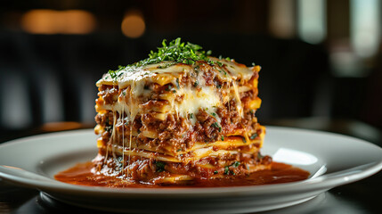 A mouthwatering photograph of lasagna, perfectly stacked and centered on the plate with layers of fresh pasta noodles filled with a rich meat sauce and melted cheese, garnished elegantly with herbs fo