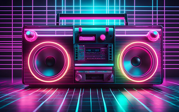 Neon boombox with pink and cyan glow, floating in a digital space - Powered by Adobe