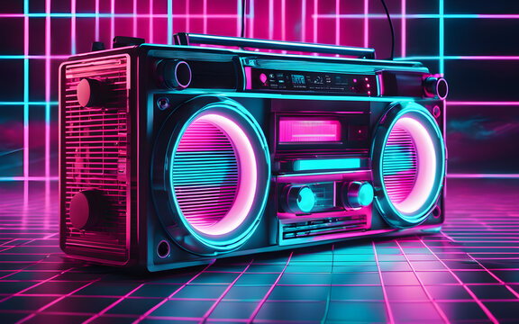 Neon boombox with pink and cyan glow, floating in a digital space