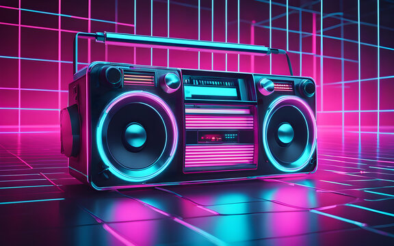 Neon boombox with pink and cyan glow, floating in a digital space