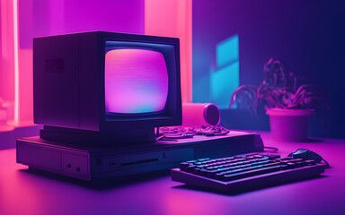 Old computer with neon glitch effects, floating in a purple-blue gradient void