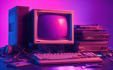 Old computer with neon glitch effects, floating in a purple-blue gradient void